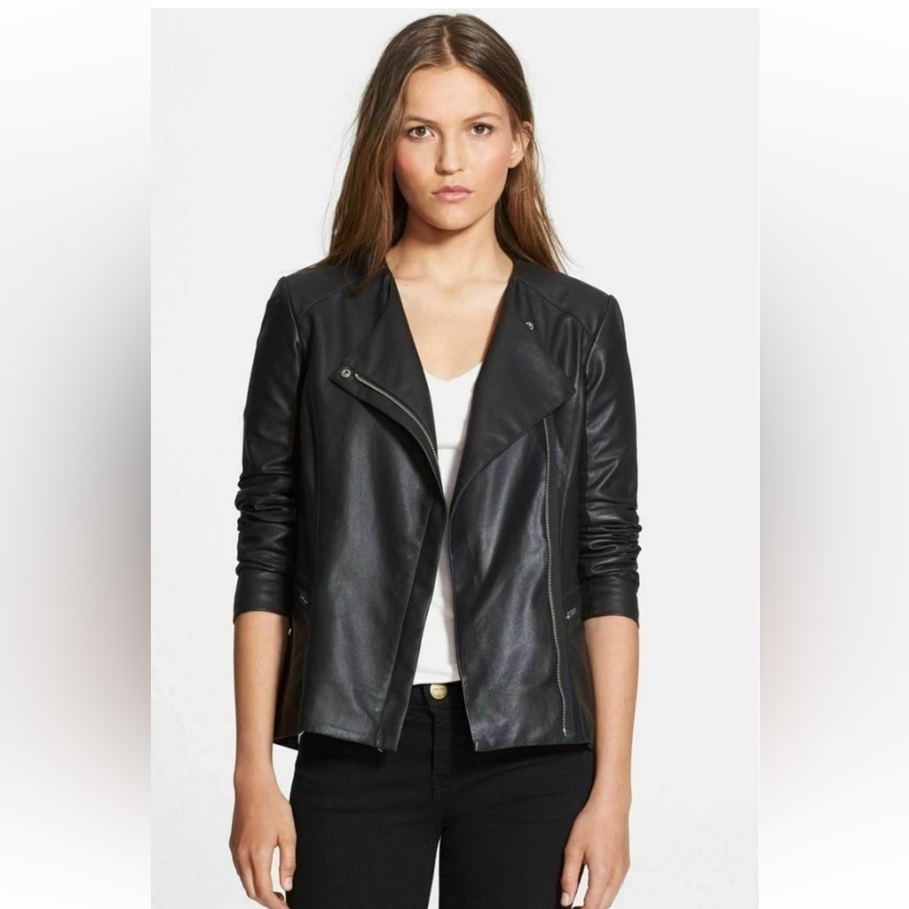 $900 VEDA Aires Black Asymmetrical Zip Leather Jacket, Size P (XS)